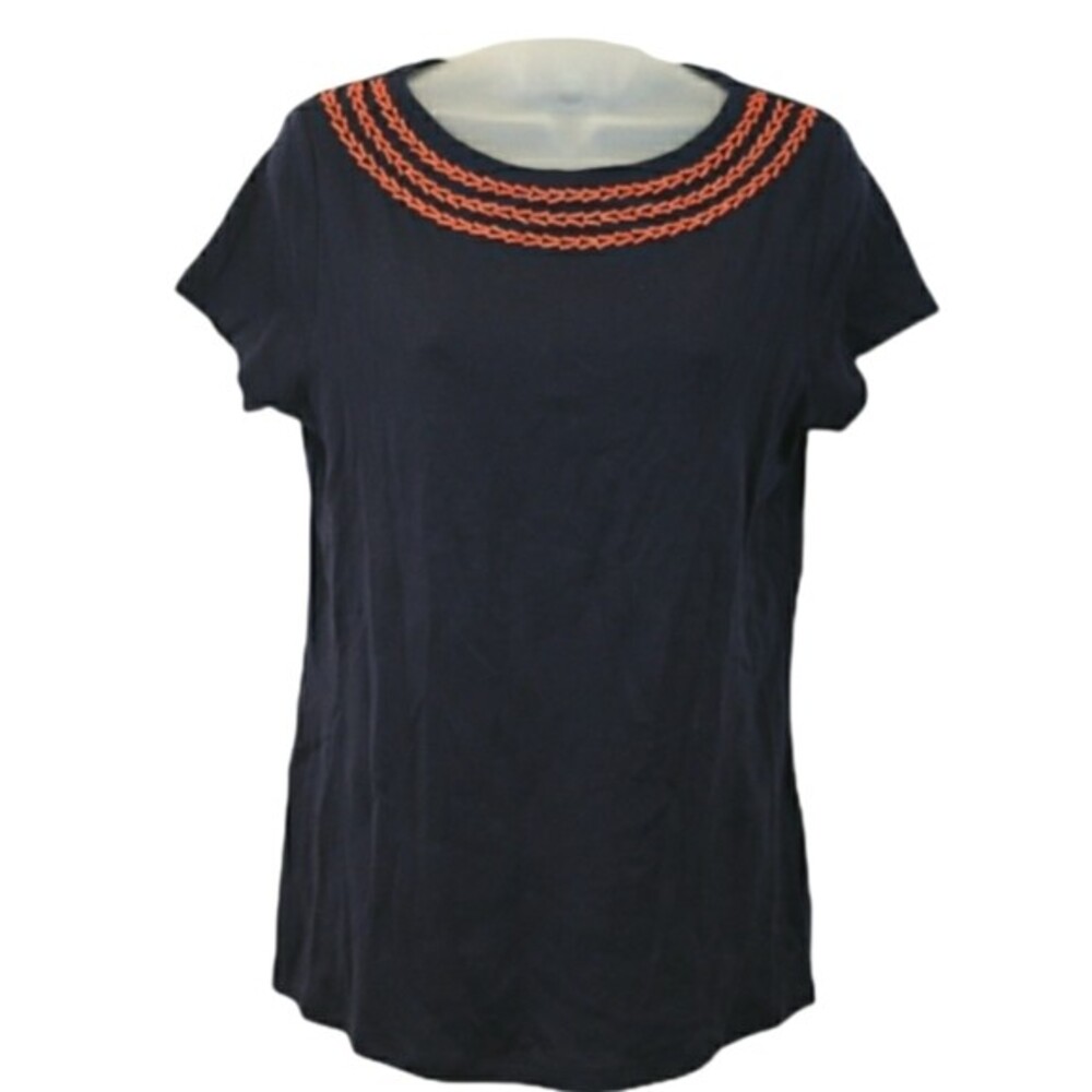 Talbots 100% Pima Cotton Navy Blue Orange Seed Bead Embellished Tshirt NWT LG